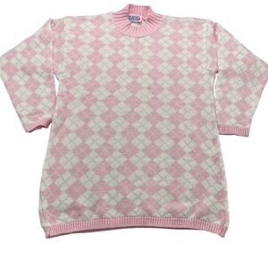 VTG 80s American Pride Pink White Argyle Knit Tunic, Size M, Made in USA